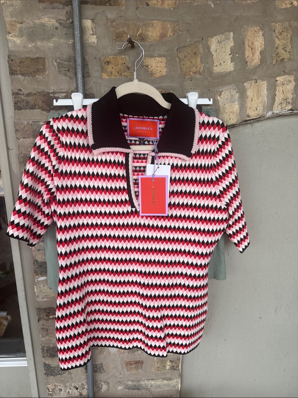 LA DoubleJ Pink Black White Diamond Knit Polo Tee